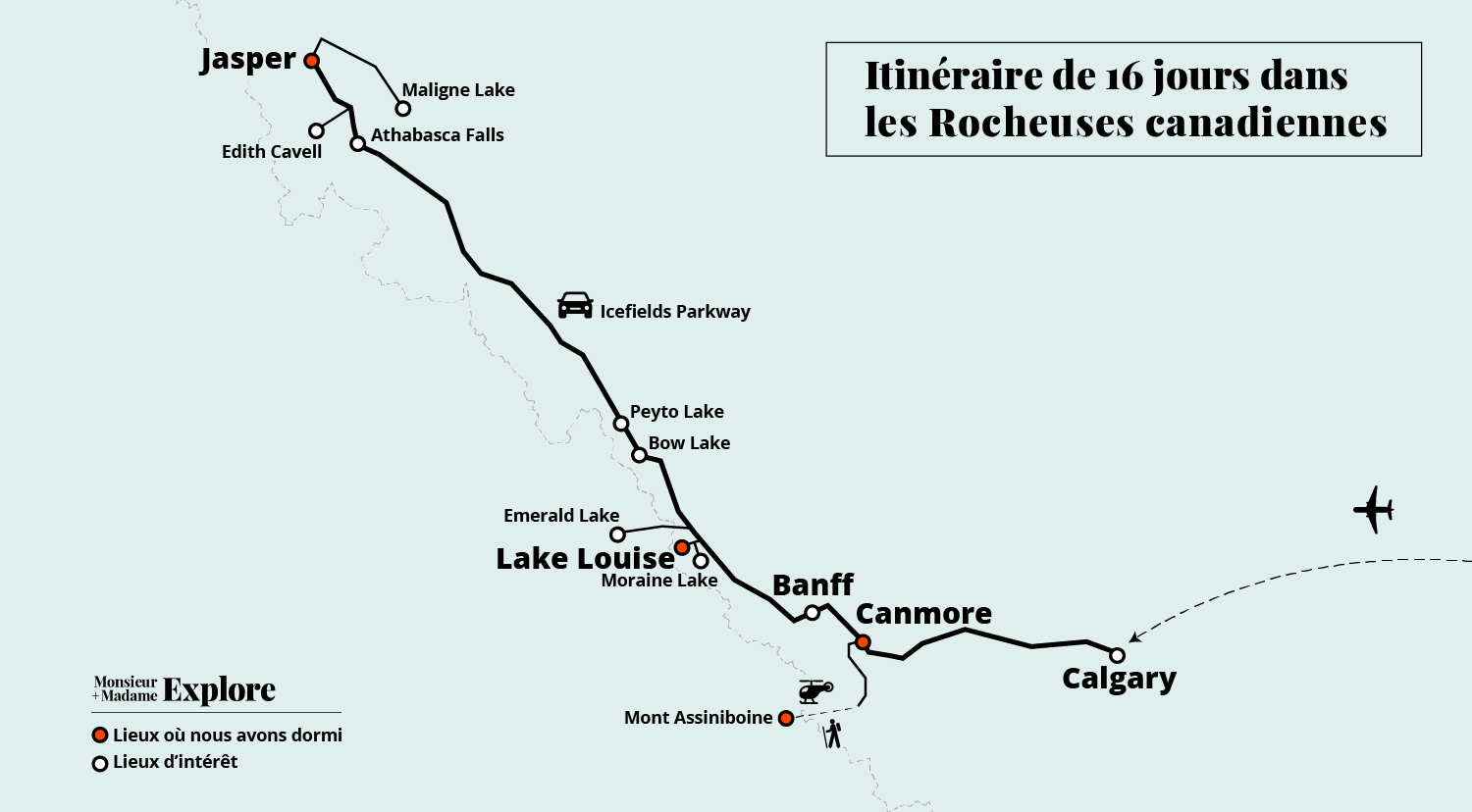 Carte et itinéraire dans les Rocheuses canadiennes, Alberta, BC, Canada / Map and itinerary in the Canadian Rockies, Alberta, BC, Canada