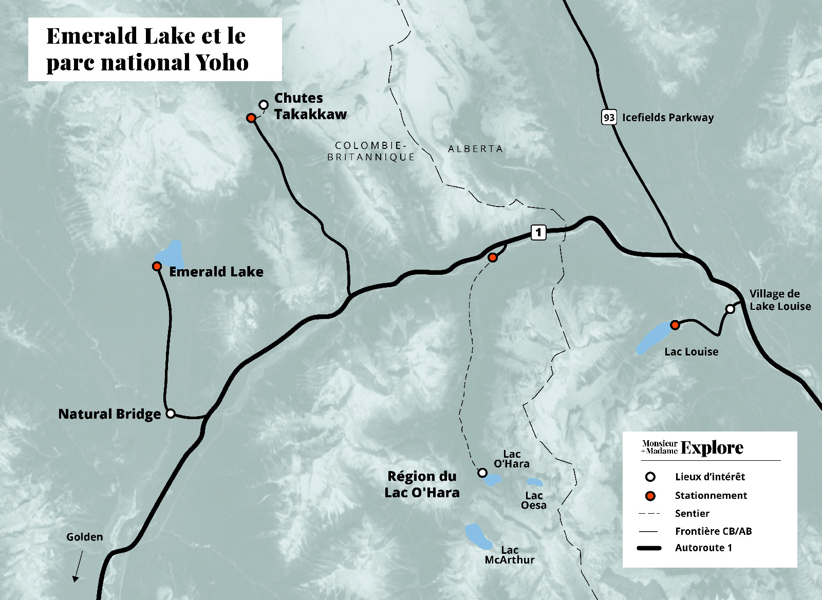 Carte de Emerald Lake et des incontournables du parc national Yoho, Rocheuses canadiennes, Canada / Map of all the must-do in Emerald Lake and Yoho National Park, Canadian Rockies, Canada
