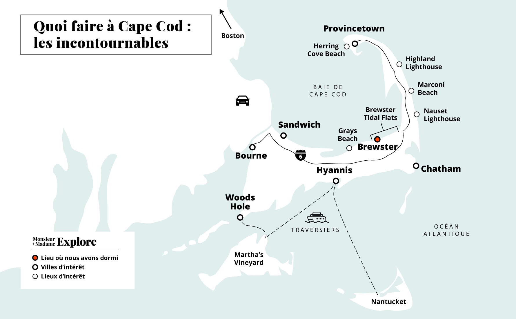 Carte des meilleures choses à faire à Cape Cod, Massachusetts, États-Unis / Map of the best things to do in Cape Cod, Massachusetts, USA