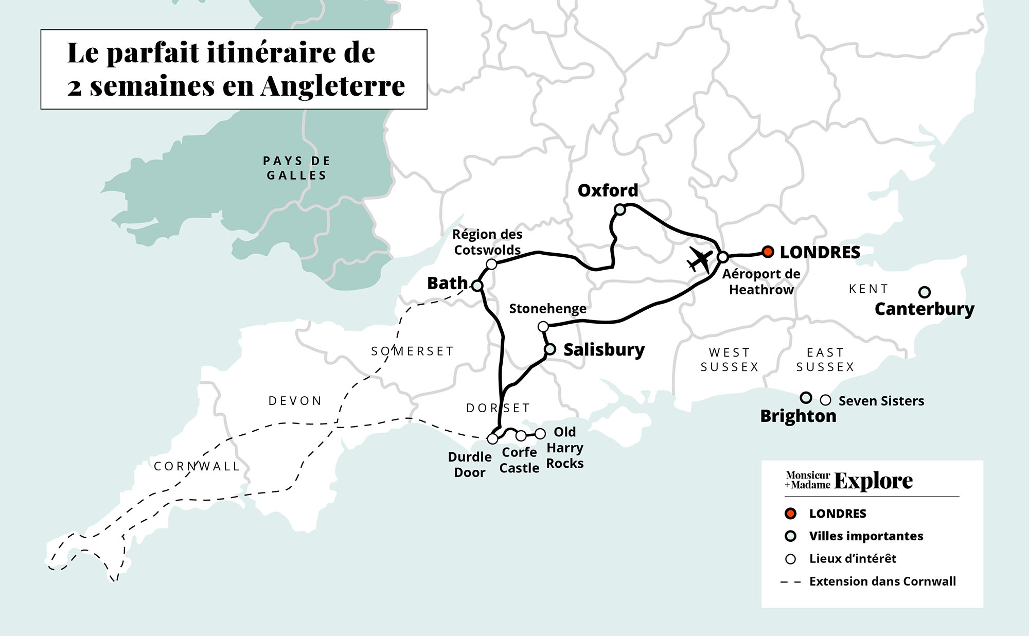 Carte et itinéraire en Angleterre, Royaume-Uni, Canada / Map and itinerary in England, UK