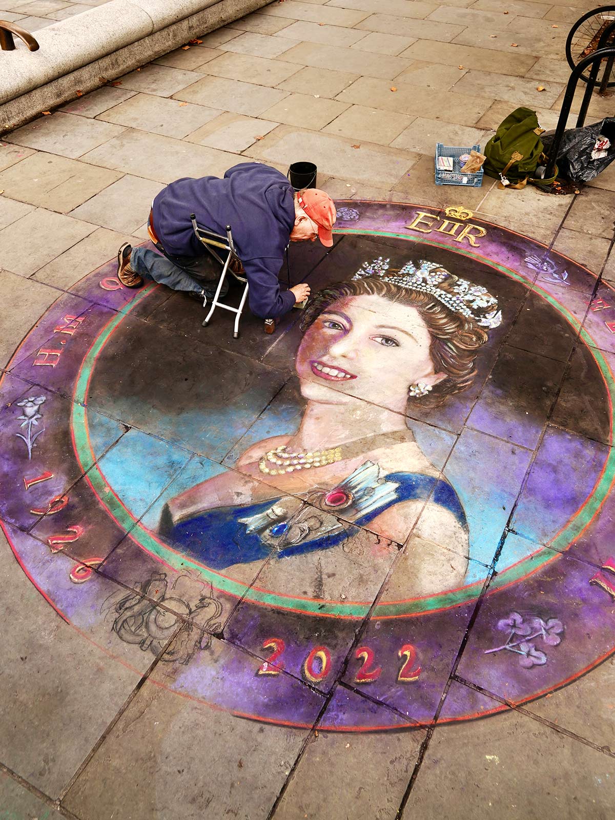 Murale de Elizabeth II, décès de la reine, Julian Beever, Londres, Angleterre / Elizabeth II, Street Art, London, UK