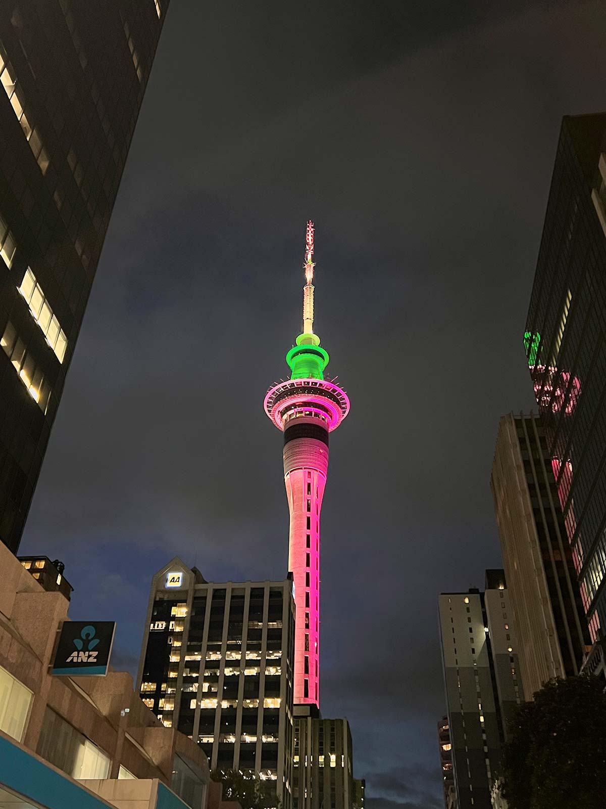 La tour Sky Tower, Nuit, Auckland CDB, Nouvelle-Zélande / Sky Tower by Night, Auckland, New Zealand, NZ