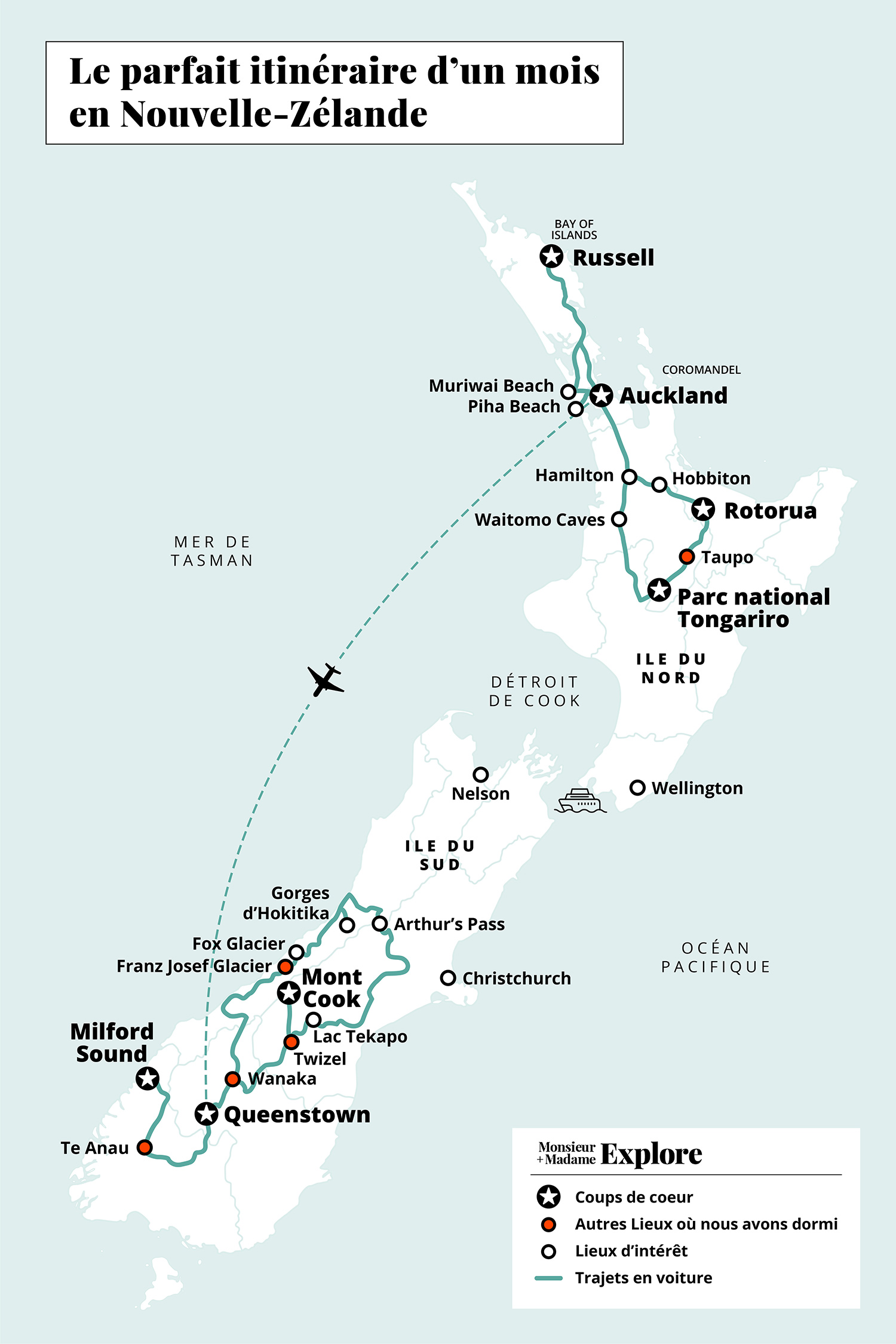 Carte et itinéraire en Nouvelle-Zélande / Map and itinerary in New Zealand