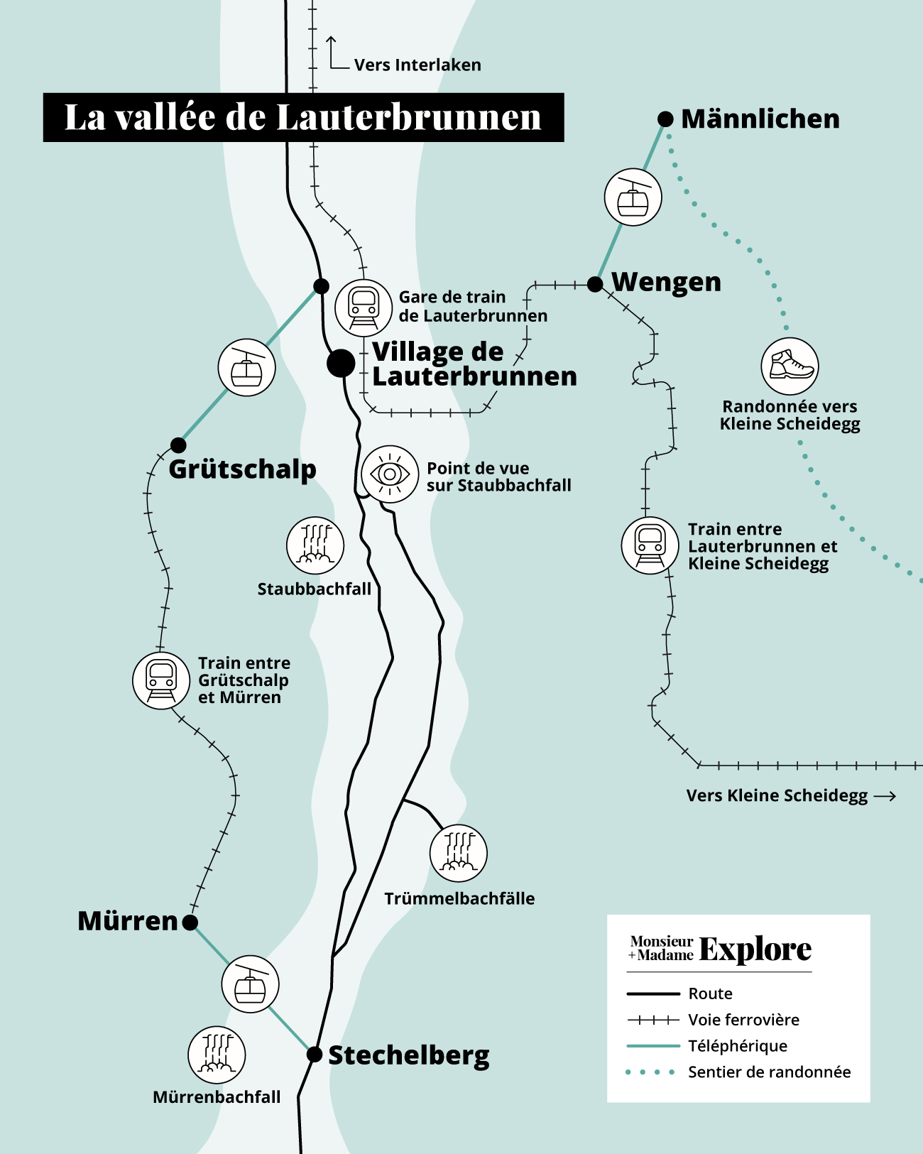 Carte de la vallée de Lauterbrunnen, Village de Lauterbrunnen, Alpes bernoises, Suisse / Lauterbrunnen Valley map, Lauterbrunnen Village, Bernese Alps, Switzerland